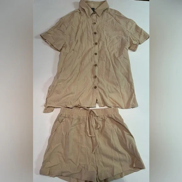 Shein Drop Shoulder Button Up Tan Shirt & Knot Front Shorts New in Package Sz 6 - Picture 1 of 7